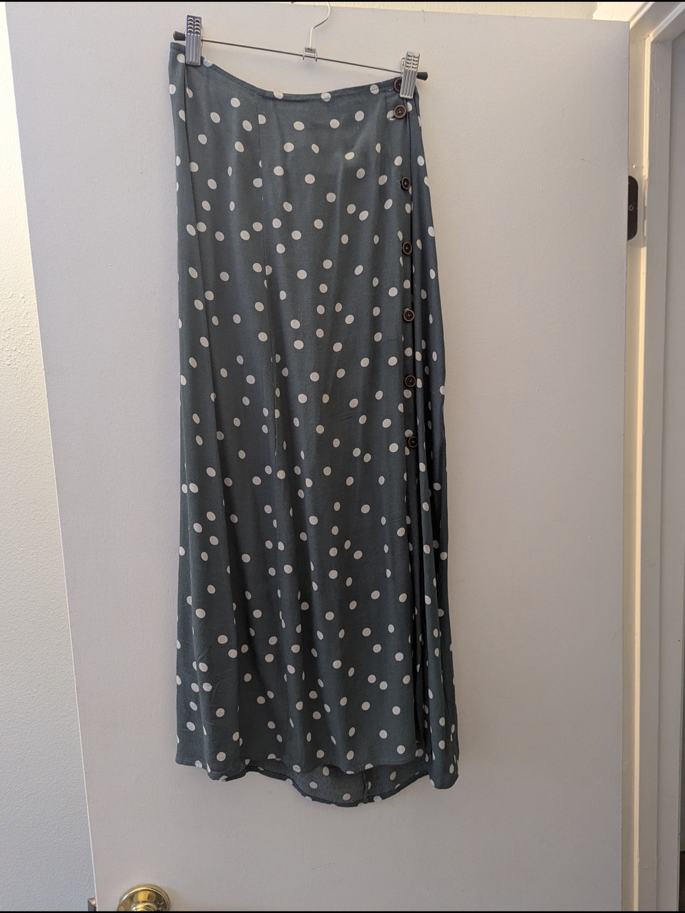 Polka Dot Wrap Maxi Skirt in Slate Green